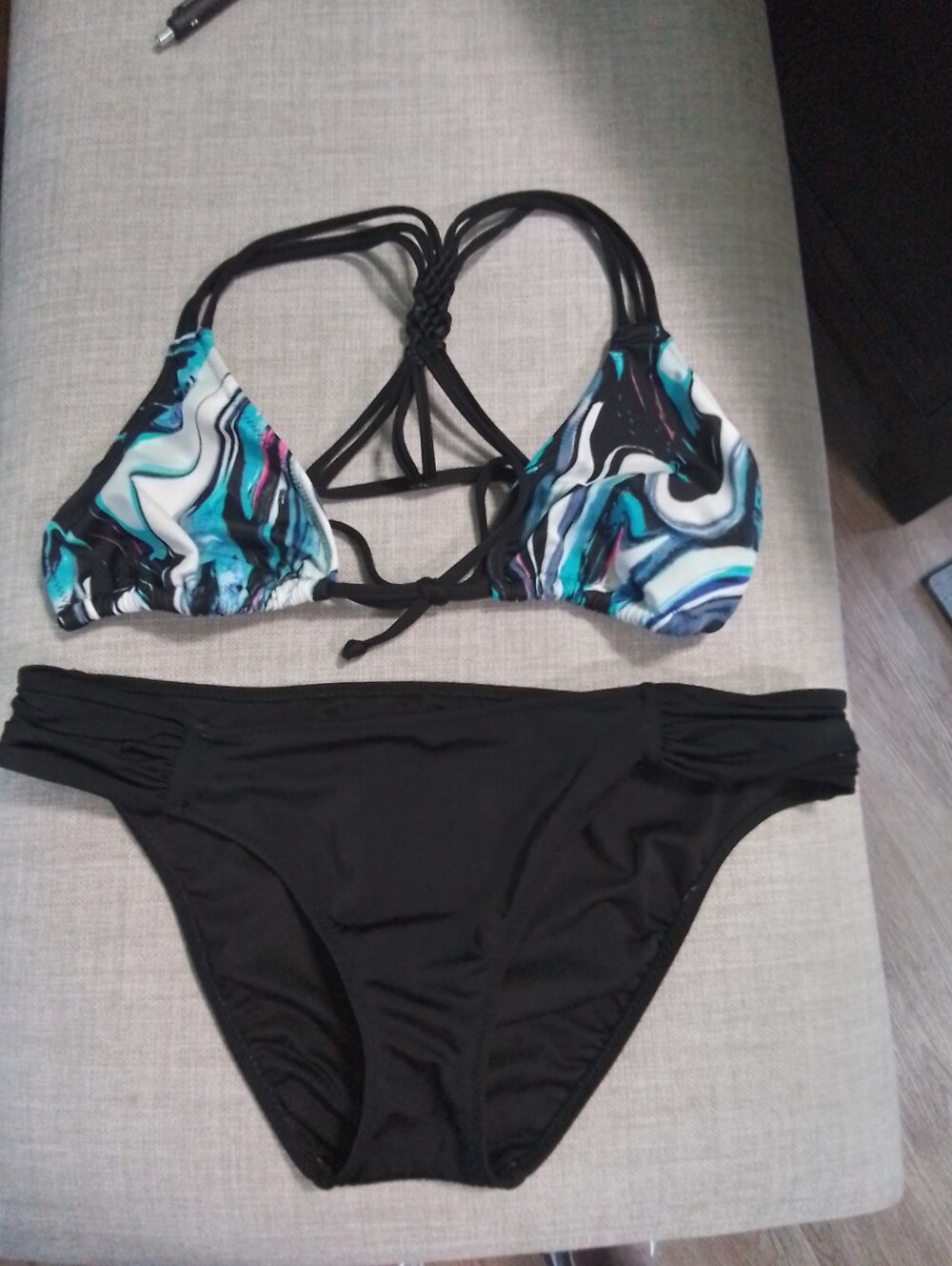 Vintage Pink Victorias Secret Black & Teal Marble Triangle Bikini Set